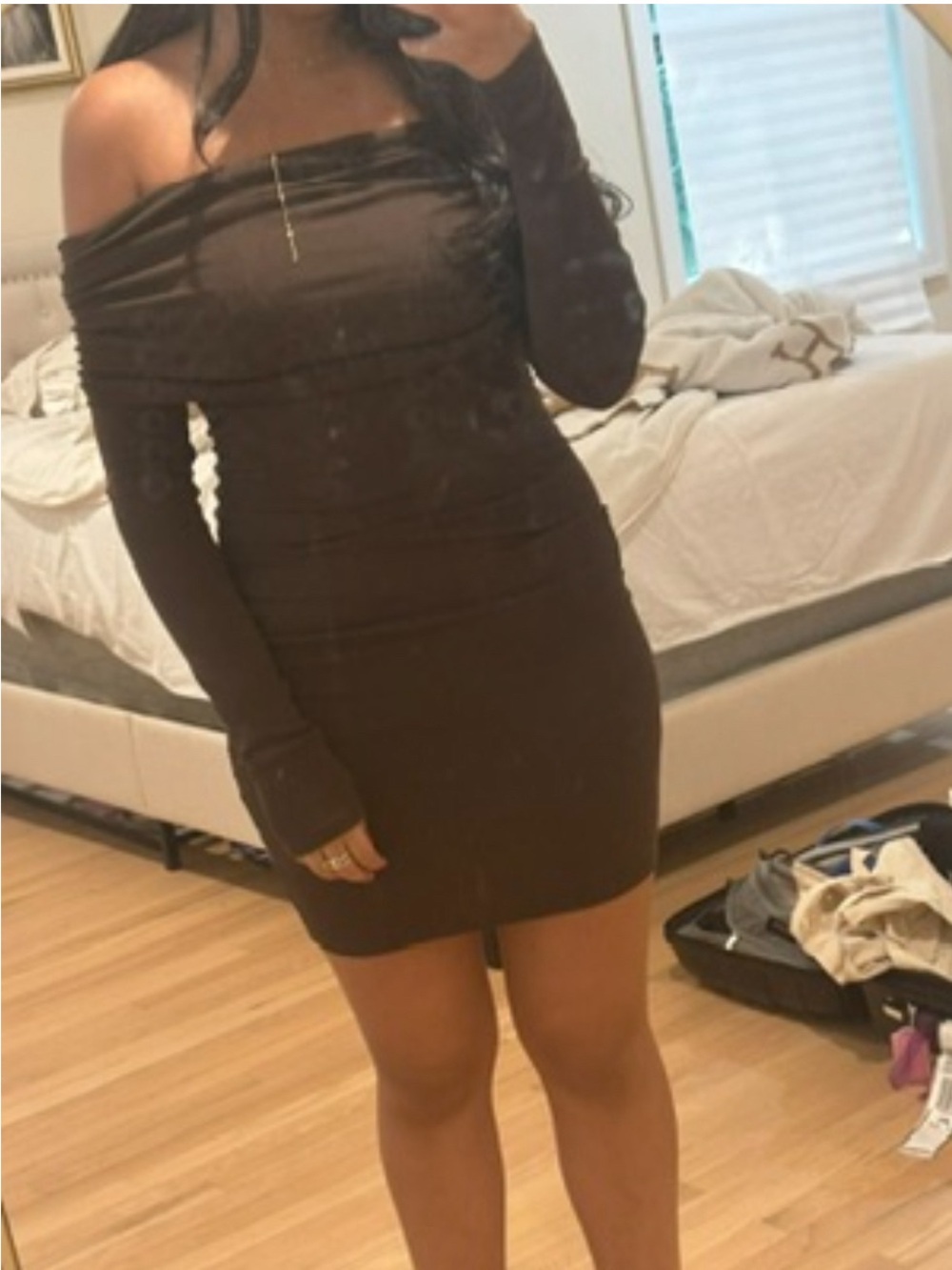 Zara Off-Shoulder Long Sleeve Chocolate Brown Bodycon Dress